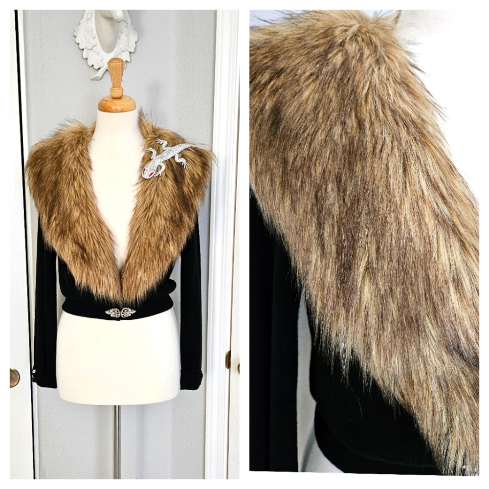 Black and Faux Fox Fur 1950's Style Deep V Neck Cardigan with Rhinestone Clasp